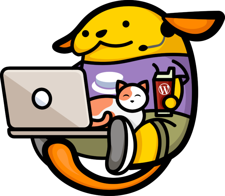 Wapuu with laptop and cat