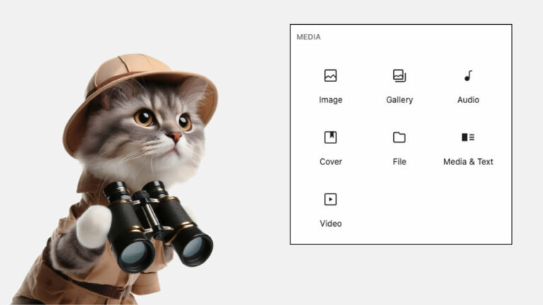 Cat in explorer outfit holding binoculars, looking at media icons