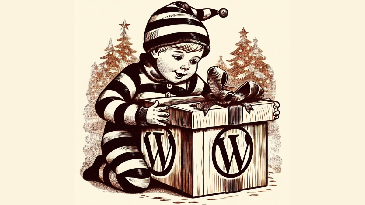 Vintage style line drawing of boy in pajamas opening a WordPress gift box.